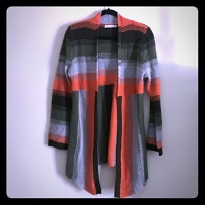 Soft Green, Orange, & Gray Open Cardigan Sweater